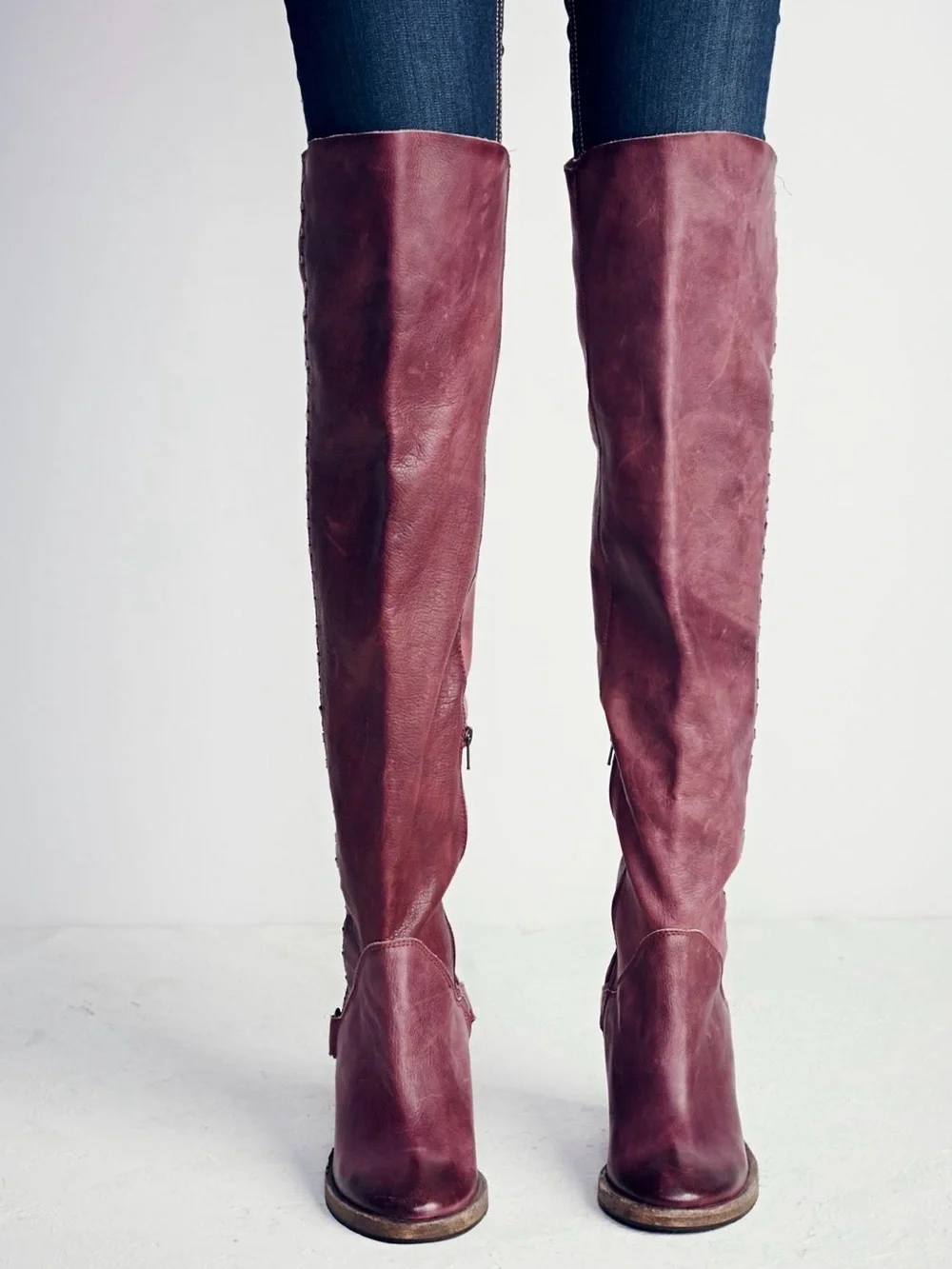 Free People Over-the-Knee Leather Boots in Deep Burgundy